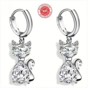 Sterling Silver Zirconia Cat Hoop Earrings