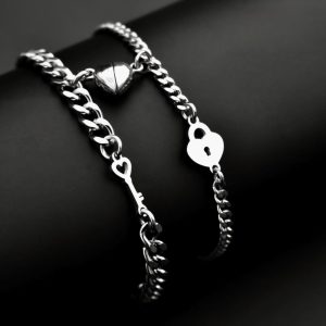 Valentines Special – Lock and Key 2 Piece Couples Magnetic Heart Bracelets - FREE Slide-Out Jewelry Box Included