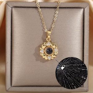 18k Gold Plated Sunflower "I Love You" In 100 Languages Photo Projection Necklace - FREE Slide-Out Jewelry Box Included