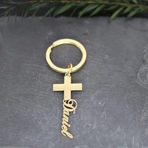 Personalised Cross Name Keyring (Gold)