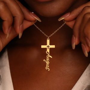 Personalised Laser Cross Name Necklace (Gold) For Women