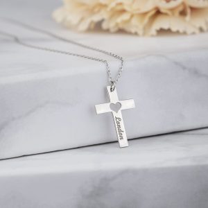 Personalised Cross Heart Necklace (Silver) For Women