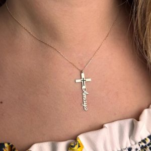Personalised Laser Cross Name Necklace (Silver) For Women
